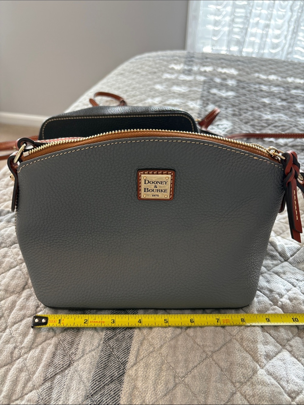 Dooney & Bourke Pebble Leather Crossbody in Gray with Tan Trim
